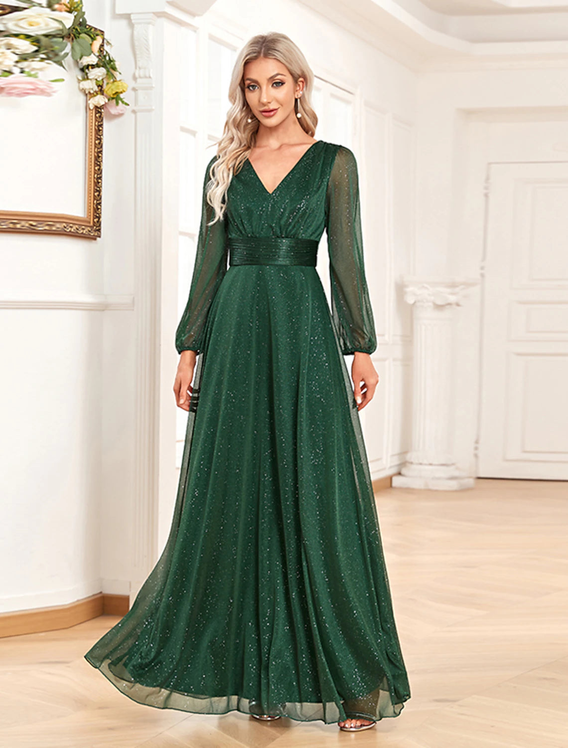 A-Linie Abendkleid Elegantes Kleid Formal Bodenlang Langarm V-Ausschnitt Chiffon mit Pailletten